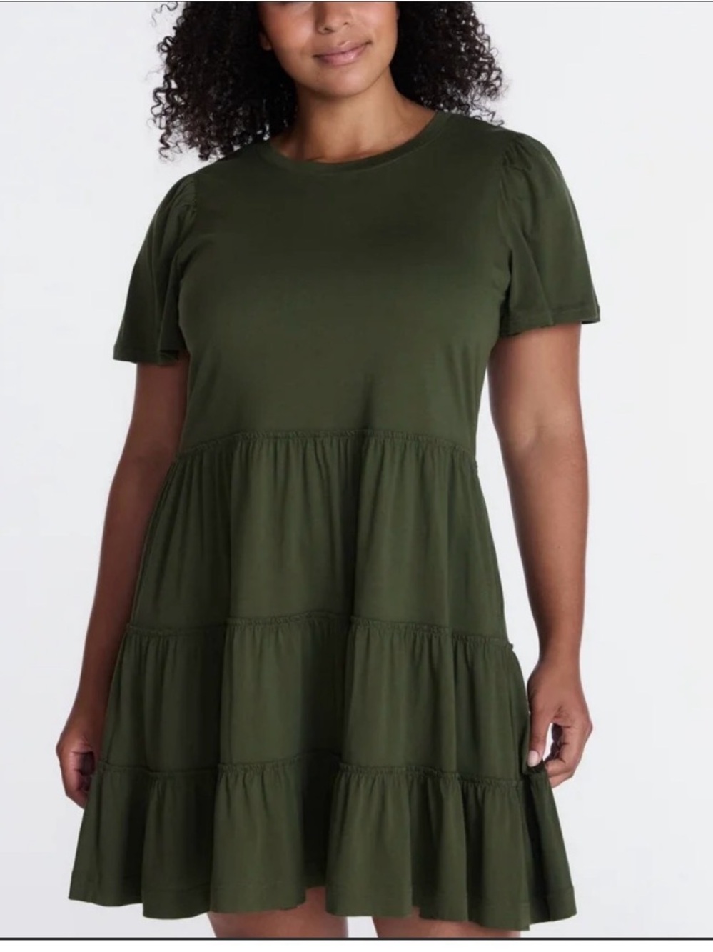 Time and Tru Olive Green Short Sleeve Tiered Mini Dress